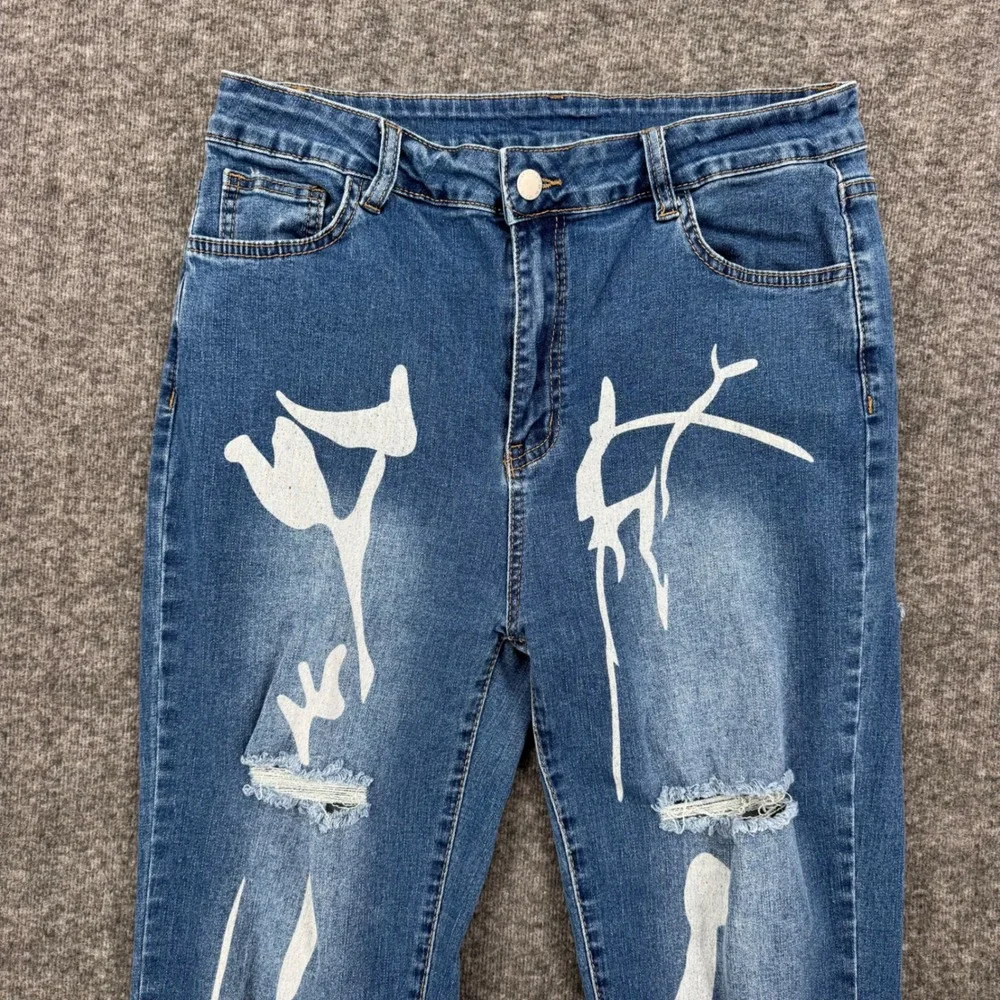 Womens Blue Abstract Graphic Print Distressed Straight Leg High Rise Jeans 30
